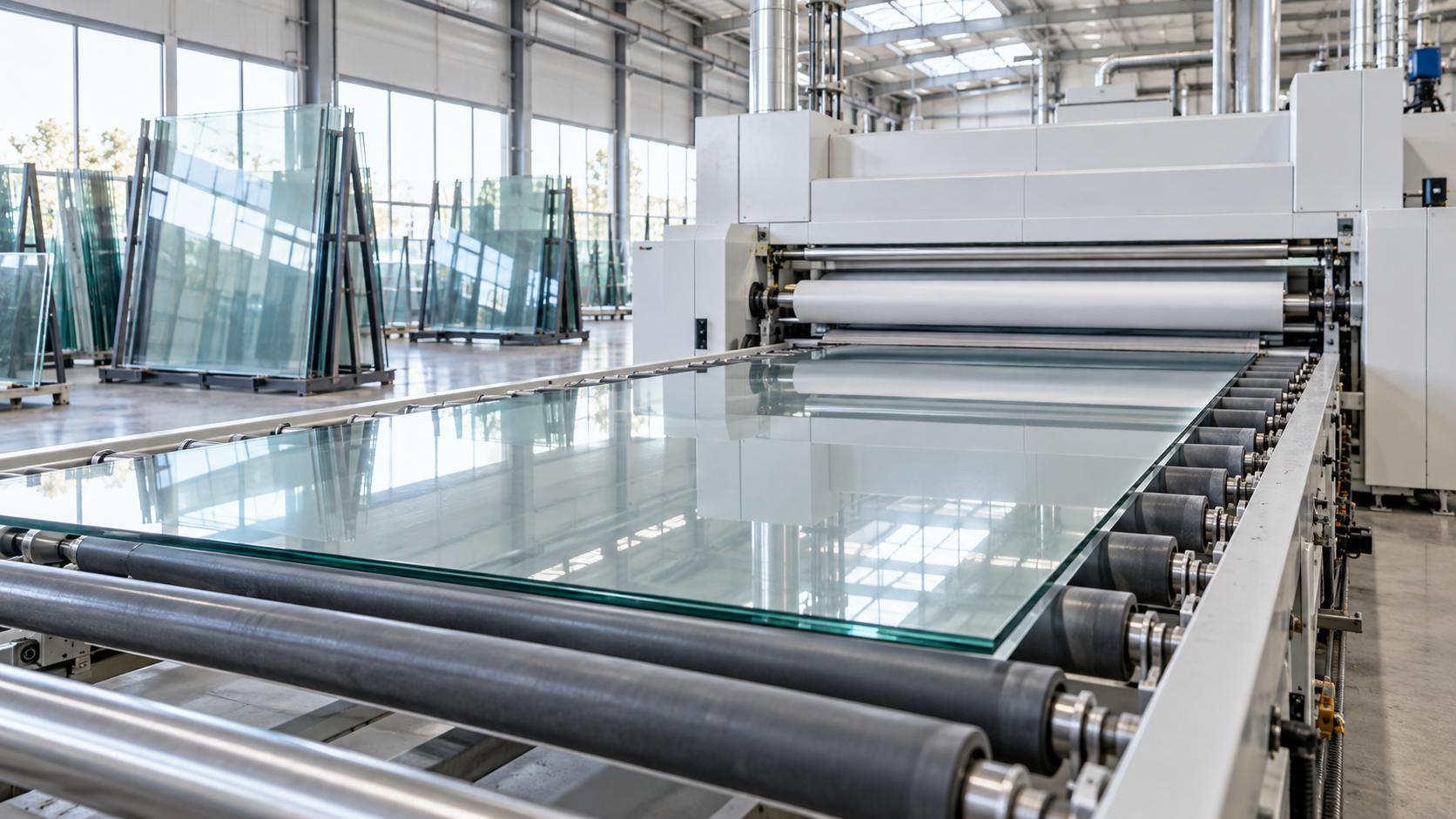 Industrial glass production line with orange-lit furnace and large glass sheets on rollers