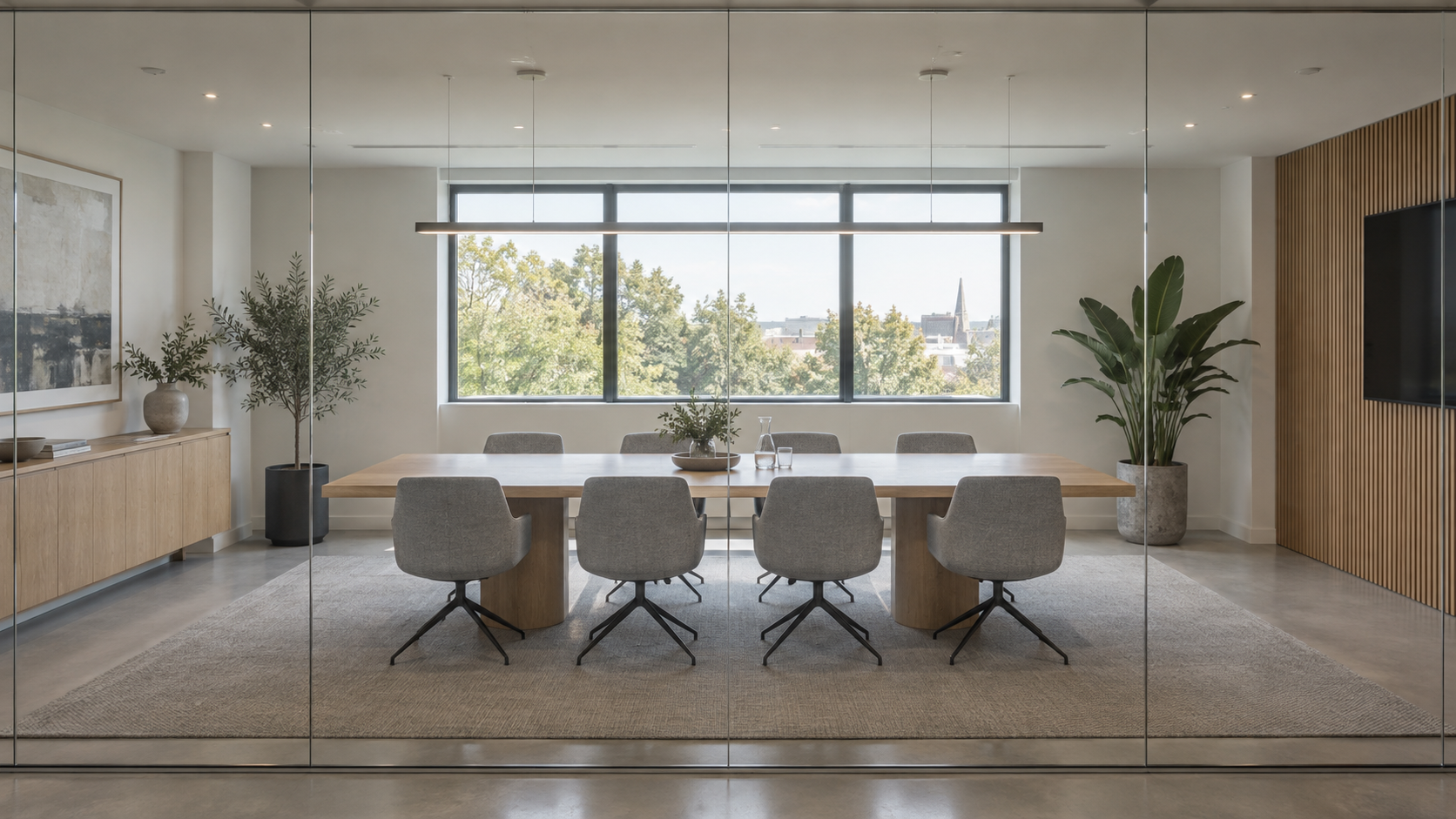 Modern office conference room with glass walls, large table, and chairs. Bright natural light.
