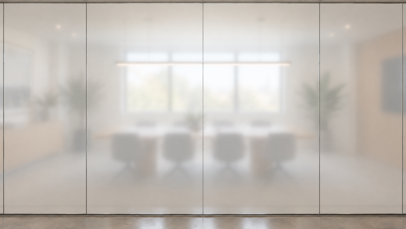 Modern office hallway with frosted glass partition; blurred view of a meeting space inside.
