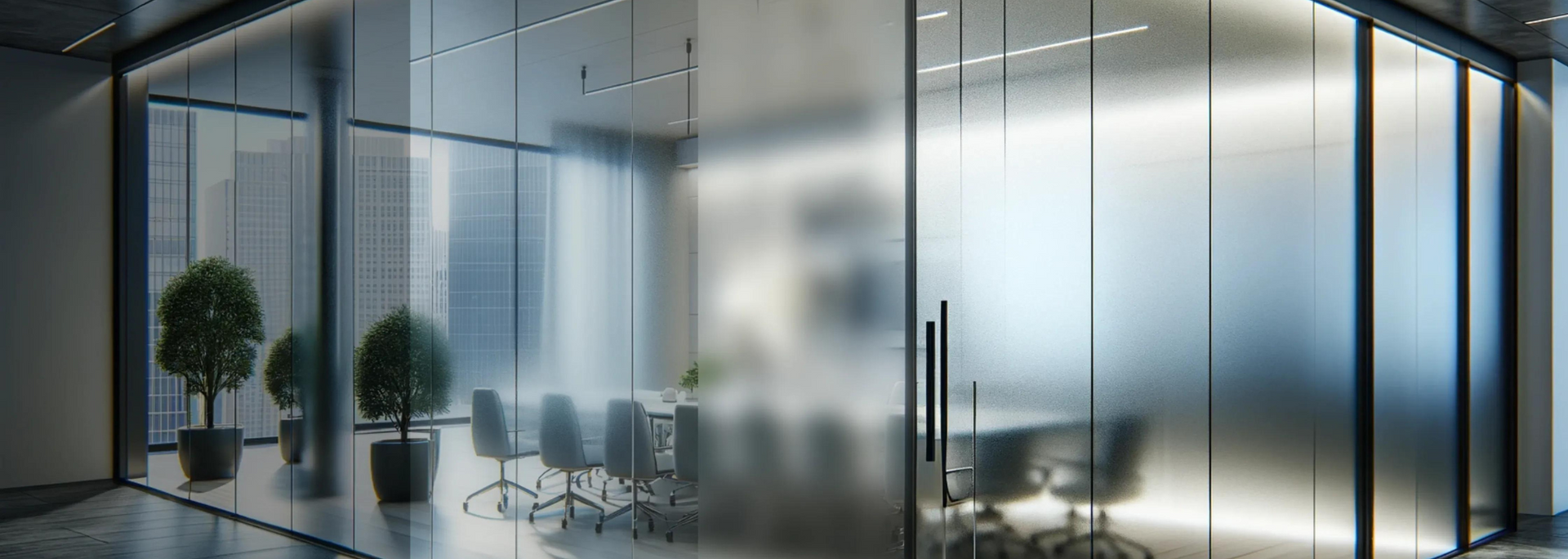 Modern office space with frosted glass walls, a conference table, and potted plants.