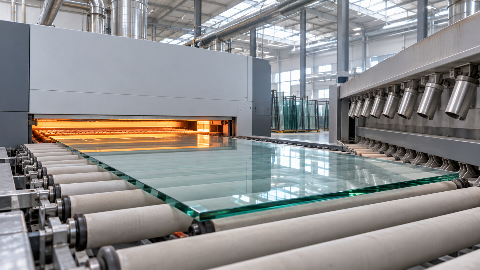 Industrial glass production line with orange-lit furnace and large glass sheets on rollers