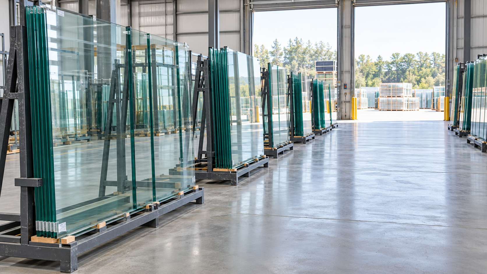 Glass panels stacked on pallets inside a warehouse aisle with bright daylight from open doors