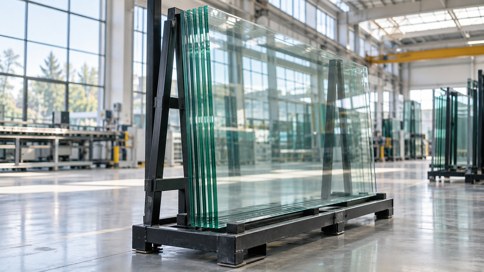 Stacks of large glass panes on black pallets in a bright industrial warehouse.
