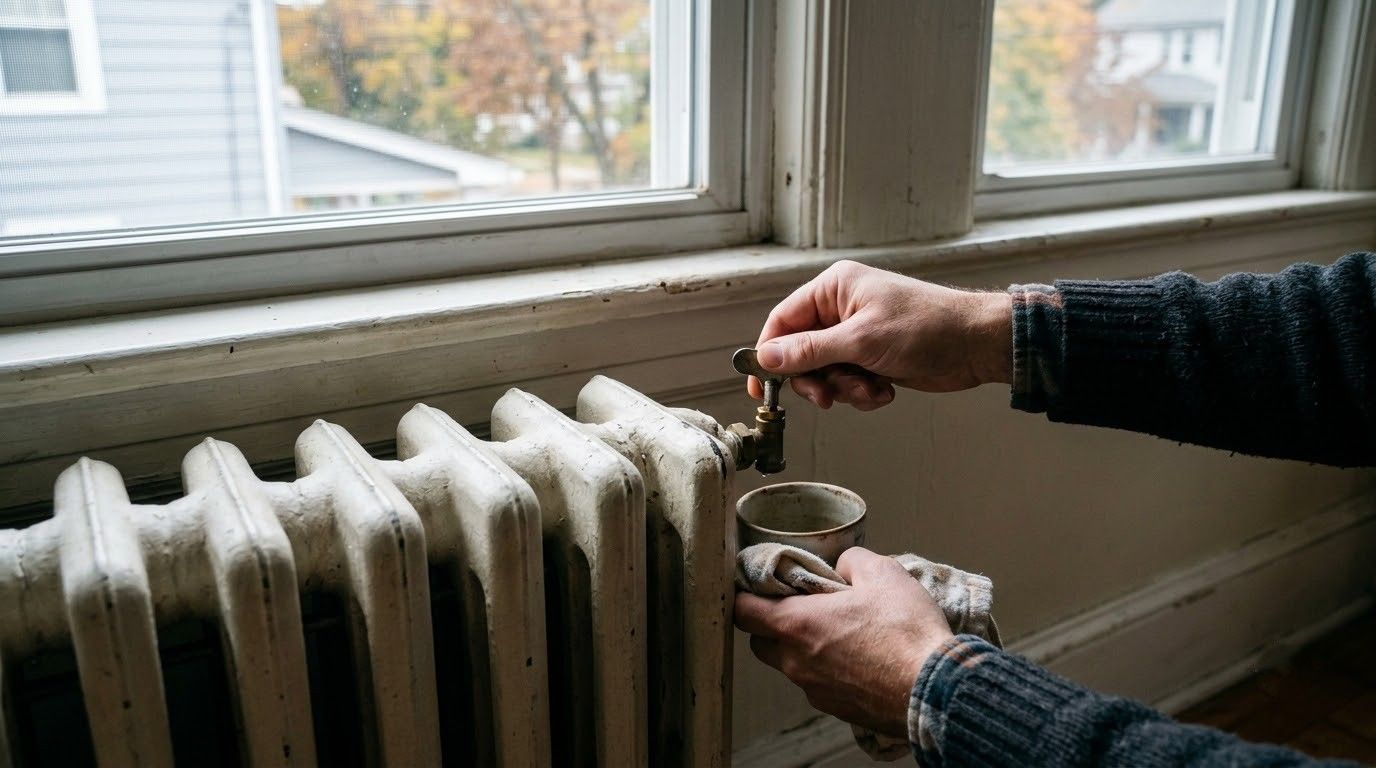 Hands adjusting a radiator valve below a window in a room