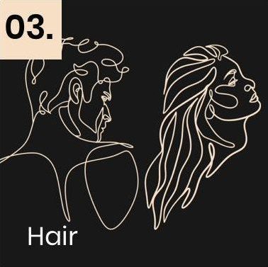 A line drawing of a man and a woman with long hair.