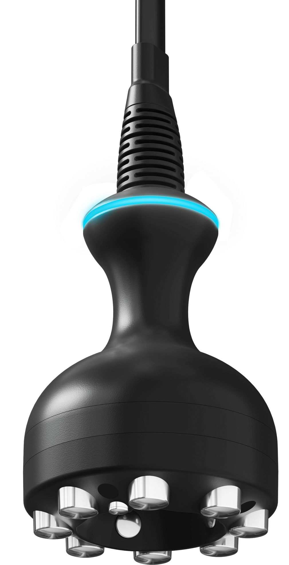 White handheld cellulite reduction device with circular head and silver contact points.