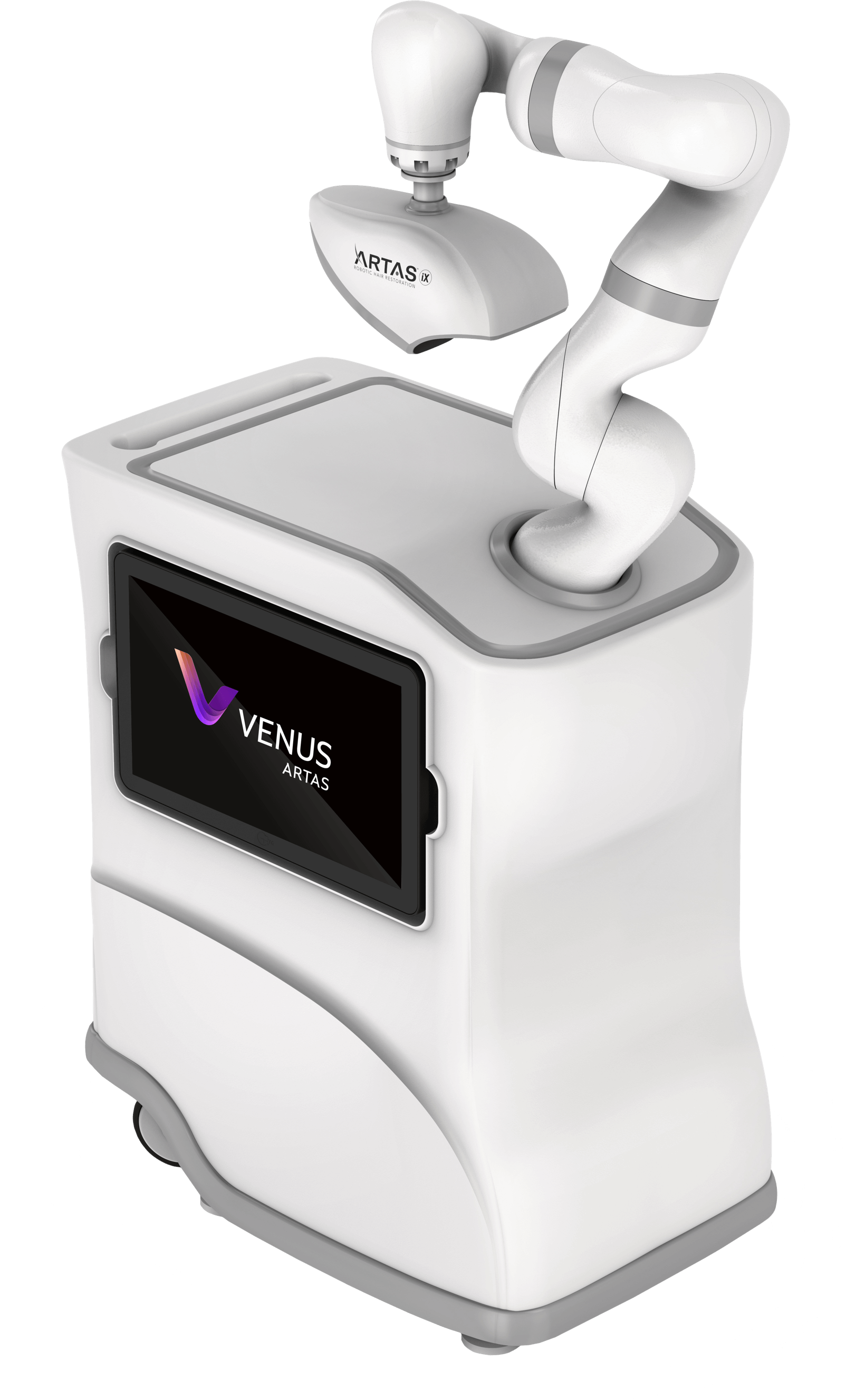A white robotic arm is sitting on top of a white box.