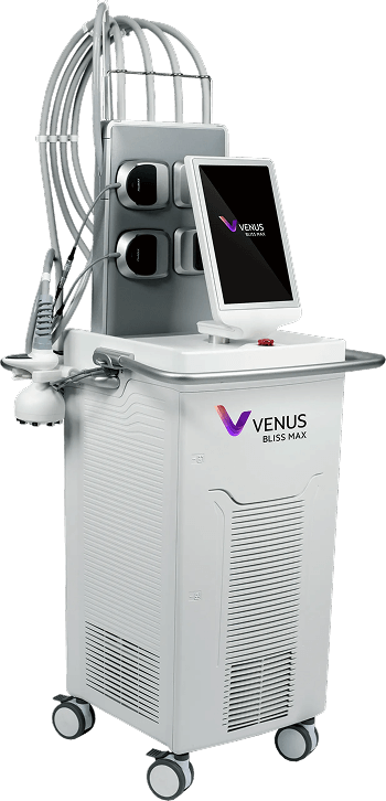 Venus Bliss medical device. White and gray machine with attached hoses and a touchscreen, on wheels.