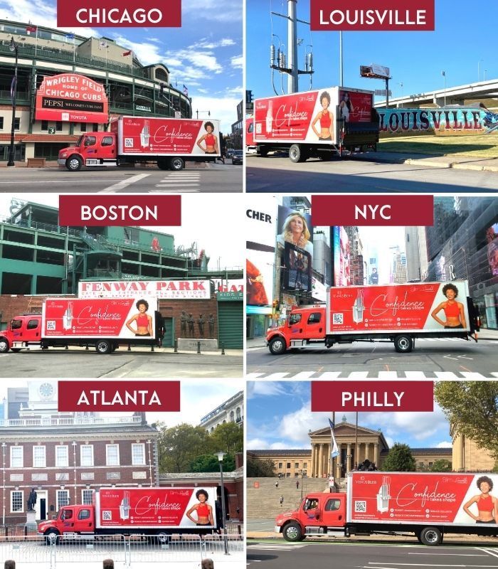 A collage of pictures of  trucks in different cities