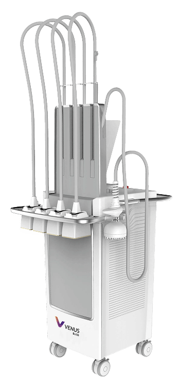 Venus Bliss medical device. White and gray machine with attached hoses and a touchscreen, on wheels.