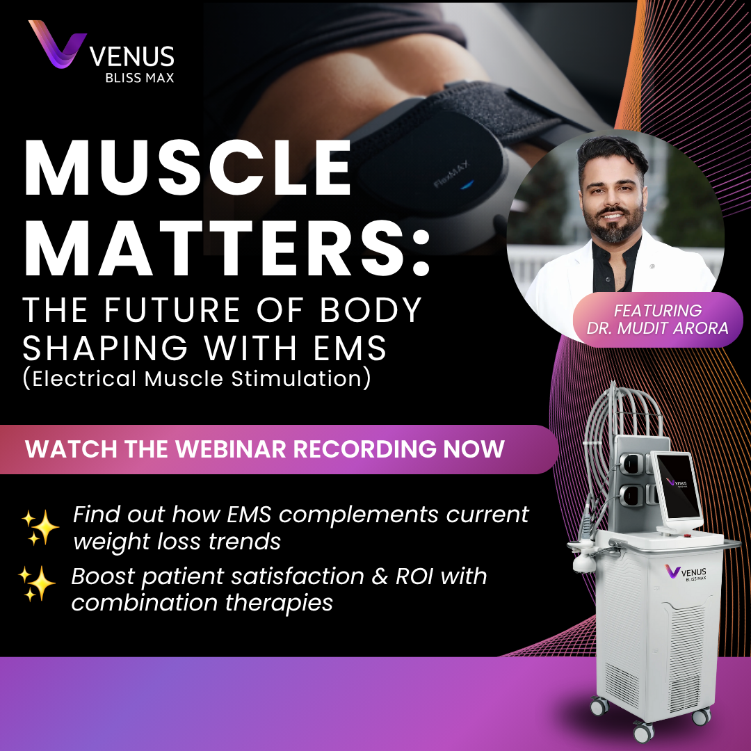 Webinar ad for EMS body shaping. Shows device, man, and benefits like weight loss and ROI.