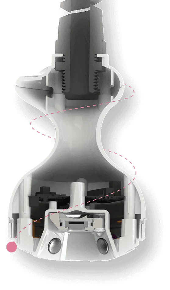 Cross-section of a white hand-held aesthetic device handle with internal components revealed, illustrating the mechanism.