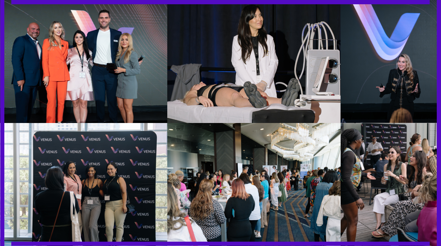 A collage of photos of people at a conference.