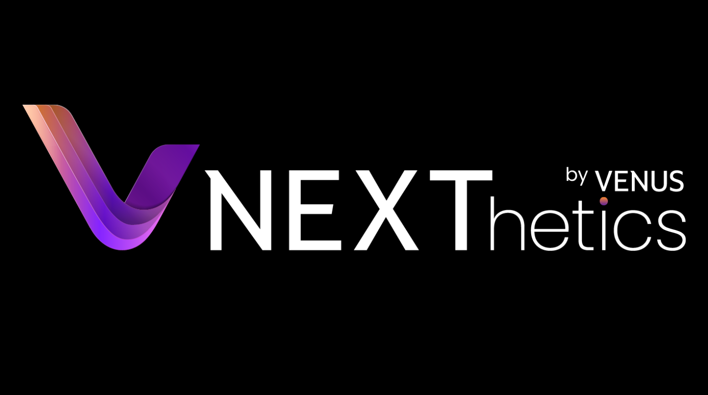The logo for next by venus is purple and white on a black background.