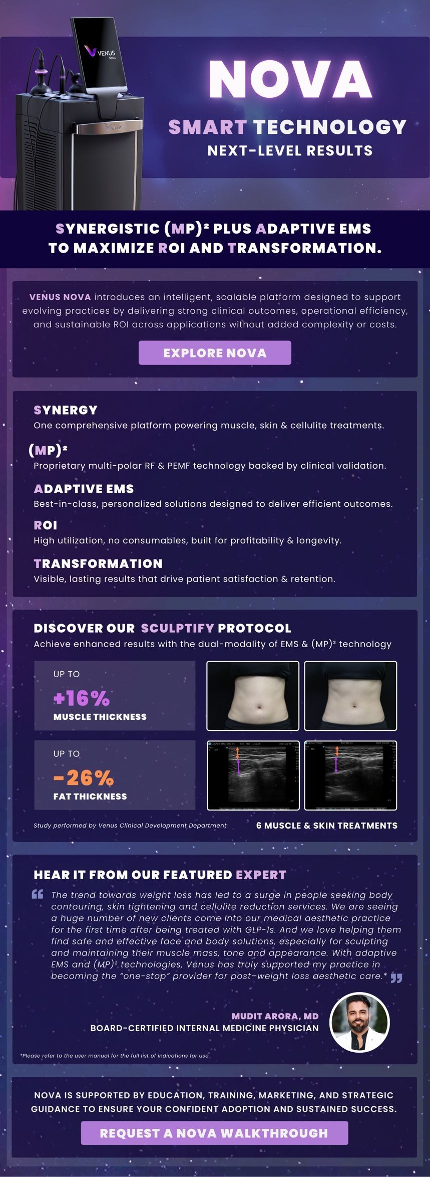 Purple NOVA technology-themed poster with white text, a central button, and small product photos near the bottom