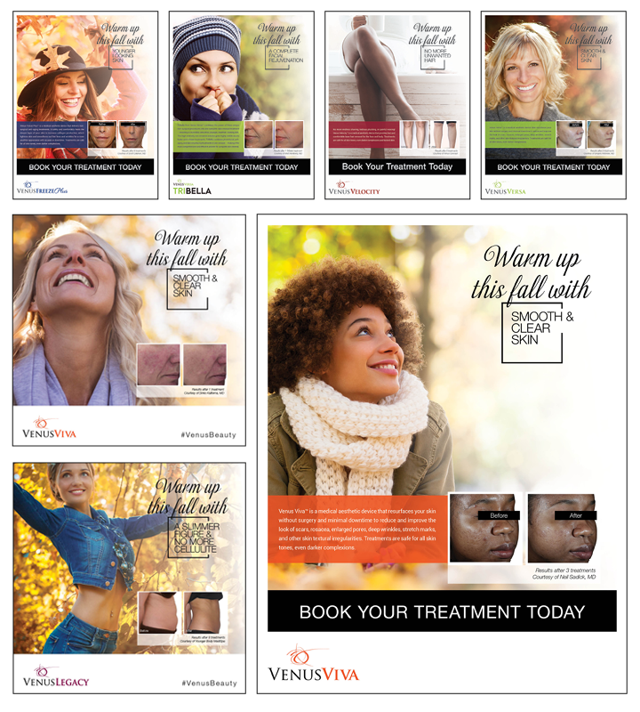 A collage of advertisements for a cosmetic company.