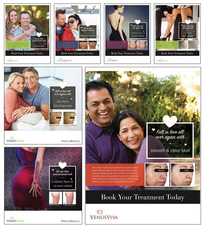 A collage of advertisements for venusviva shows a man and a woman