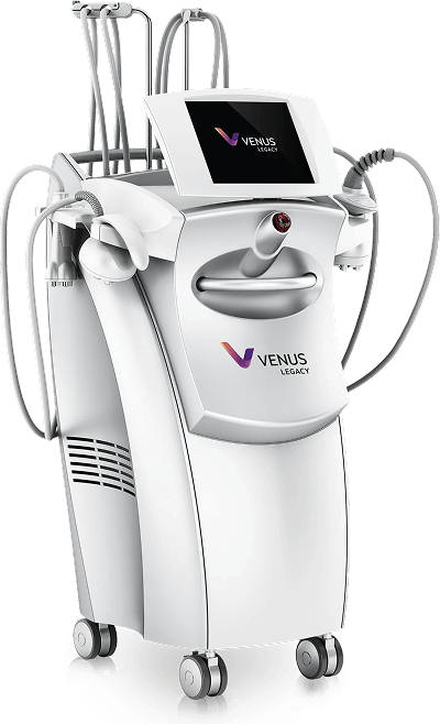 Venus Bliss medical device. White and gray machine with attached hoses and a touchscreen, on wheels.