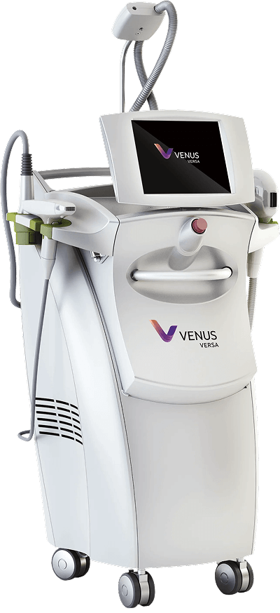 Venus Versa medical aesthetics machine, white with purple logo and touch screen.