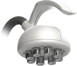 A white shower head with a hose attached to it
