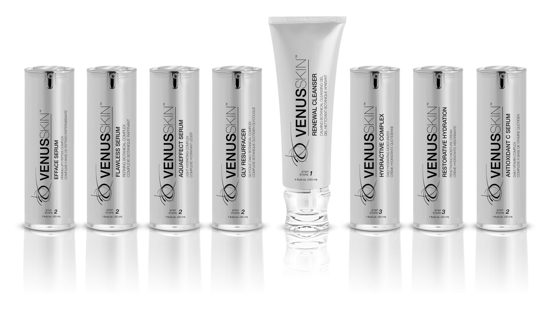 A row of venus cosmetics are lined up in a row on a white surface.