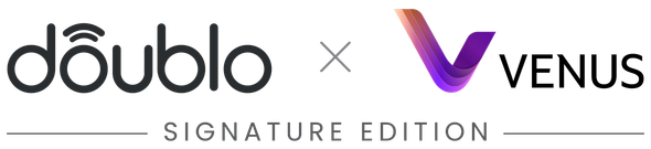 Doublo Signature Edition and Venus logos in black and purple on a white background