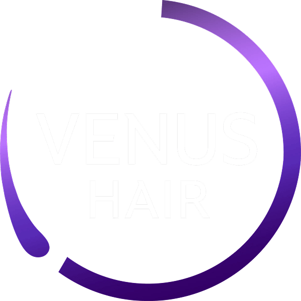 Logo for Venus Hair: a purple partial circle with the white text 