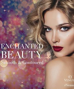 A woman with red lipstick is wearing a venus cosmetics advertisement.