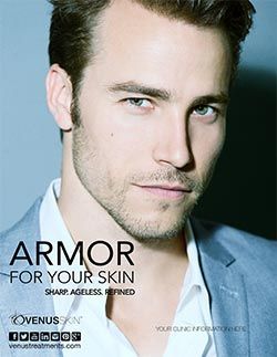 A man in a suit and white shirt is advertising armor for your skin.
