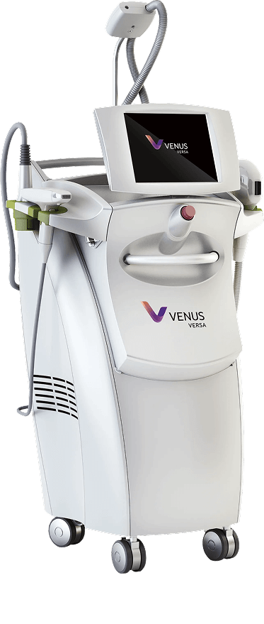 Venus Bliss medical device. White and gray machine with attached hoses and a touchscreen, on wheels.