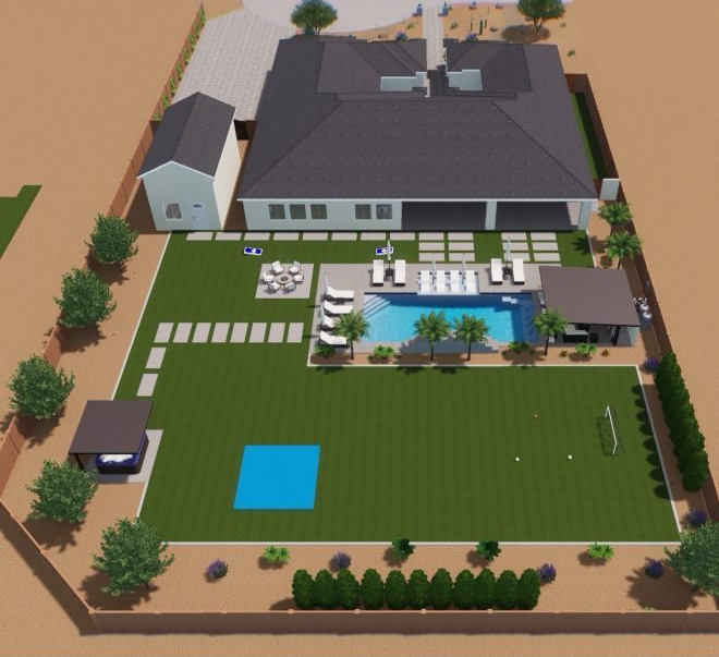 Aerial view of a suburban backyard with a house, pool, lawn, patio, and basketball court