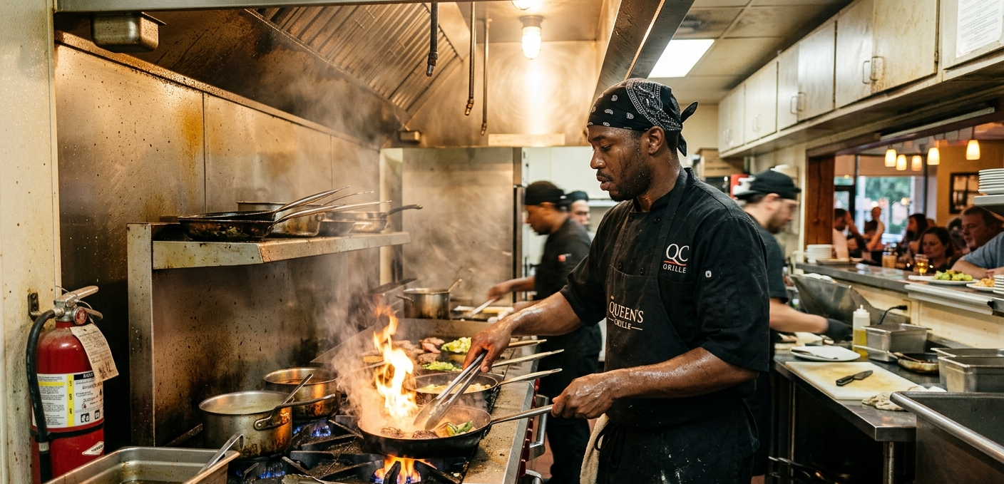 Chef cooking over a flaming wok in a busy Charlotte restaurant kitchen, with steam and other staff nearby
