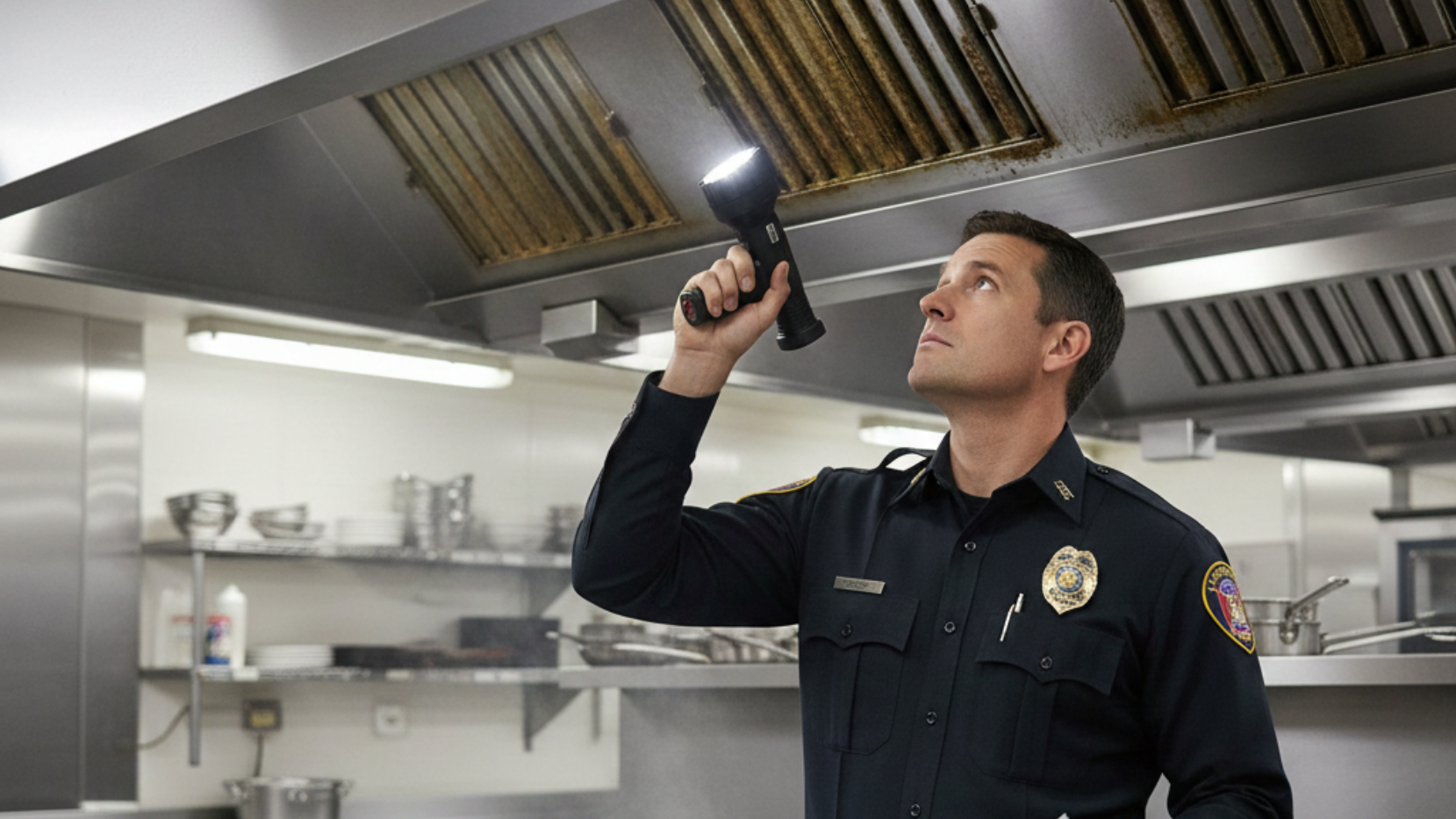 Fire inspector examining a kitchen hood with a flashlight and clipboard.