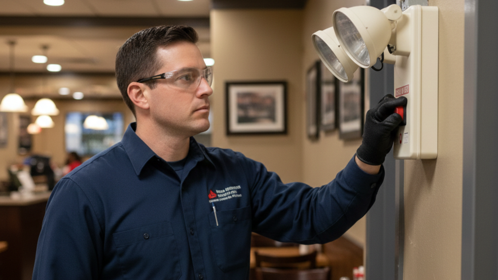 Man in safety glasses and gloves, inspecting emergency lights mounted on a beige wall in a restaurant.