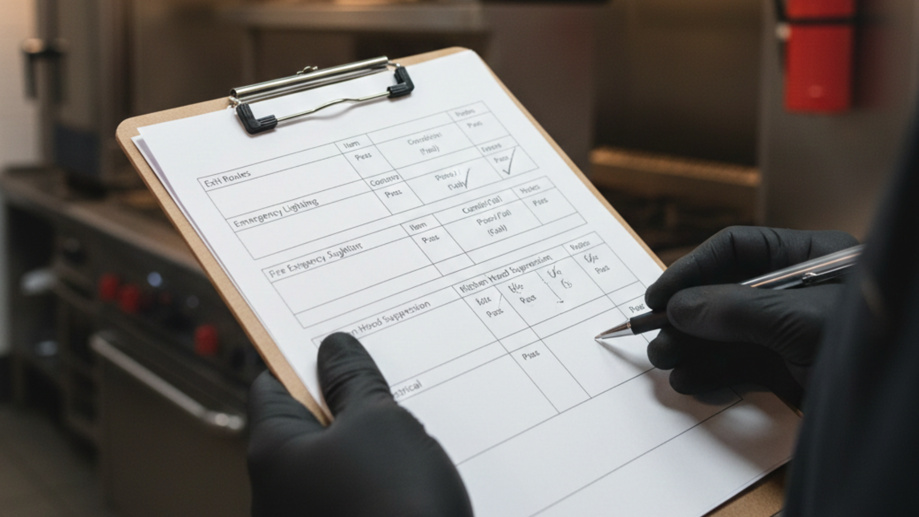 Person in black gloves writing on a clipboard in a commercial kitchen; checklist visible.