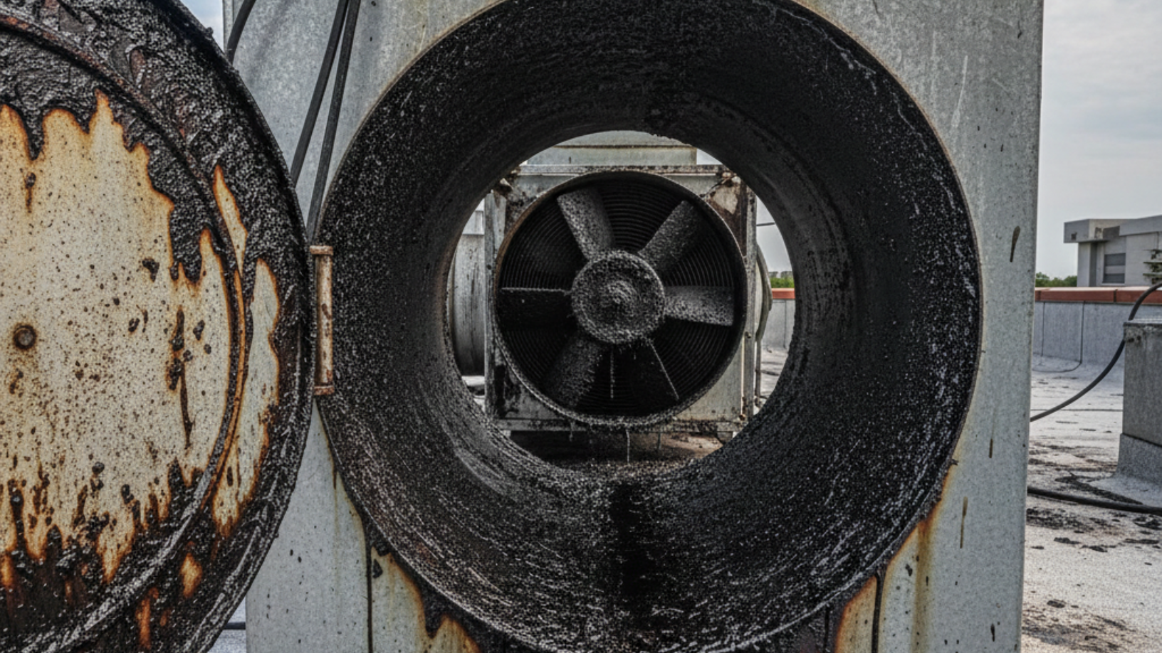 An open, circular industrial fan on a rooftop. The interior and surrounding area are coated in thick black grime.