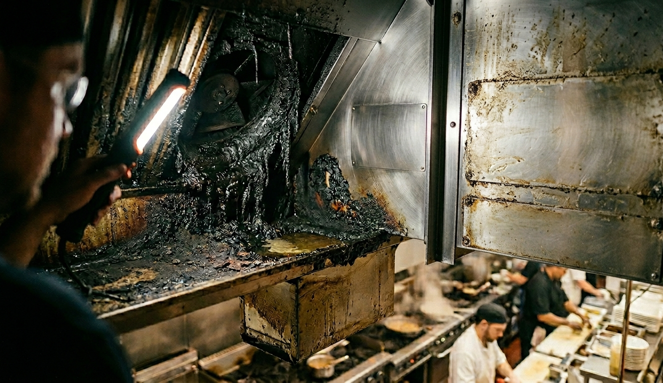 Man standing in a damaged, smoky industrial kitchen with fire-damaged walls and debris on the floor