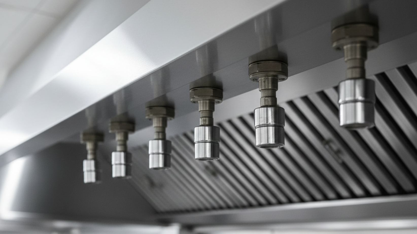 Stainless steel commercial kitchen exhaust hood with sprinkler heads.
