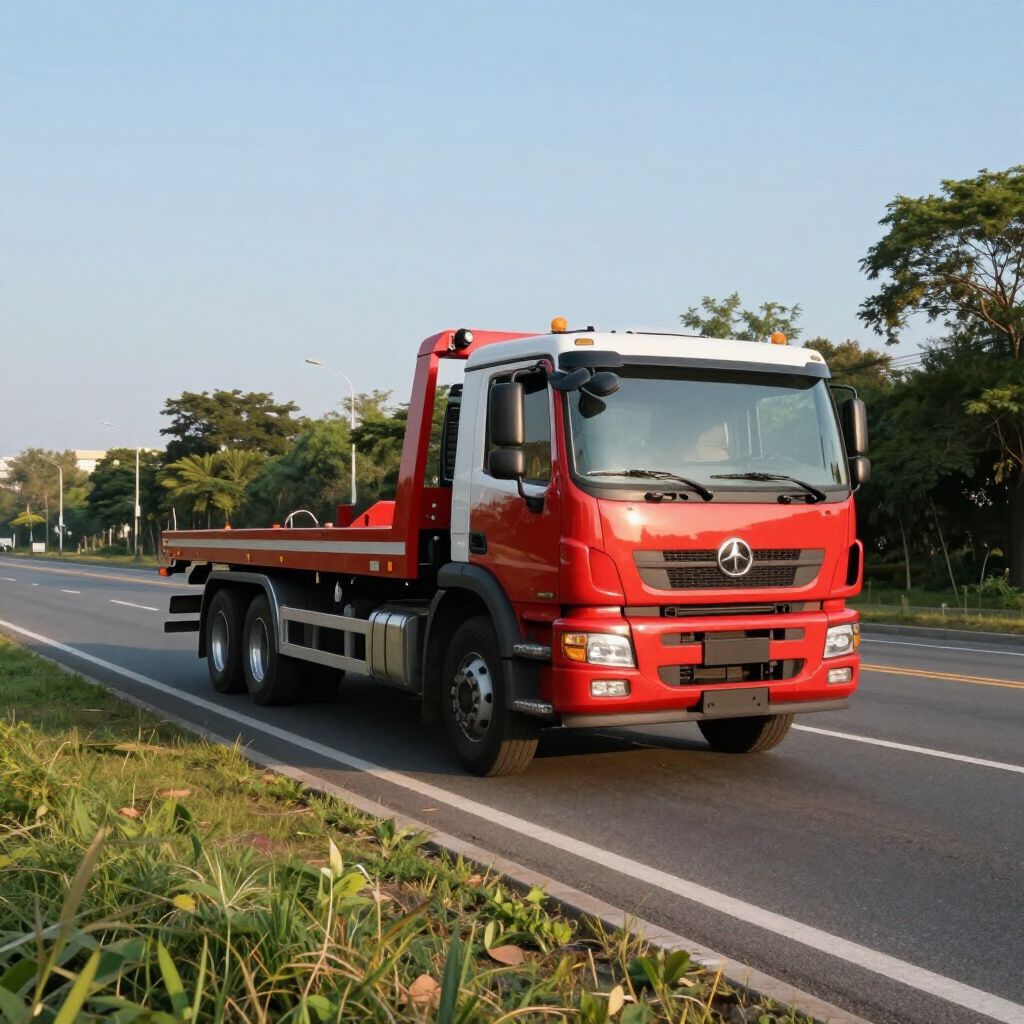 Red and white tow truck driving on a road.