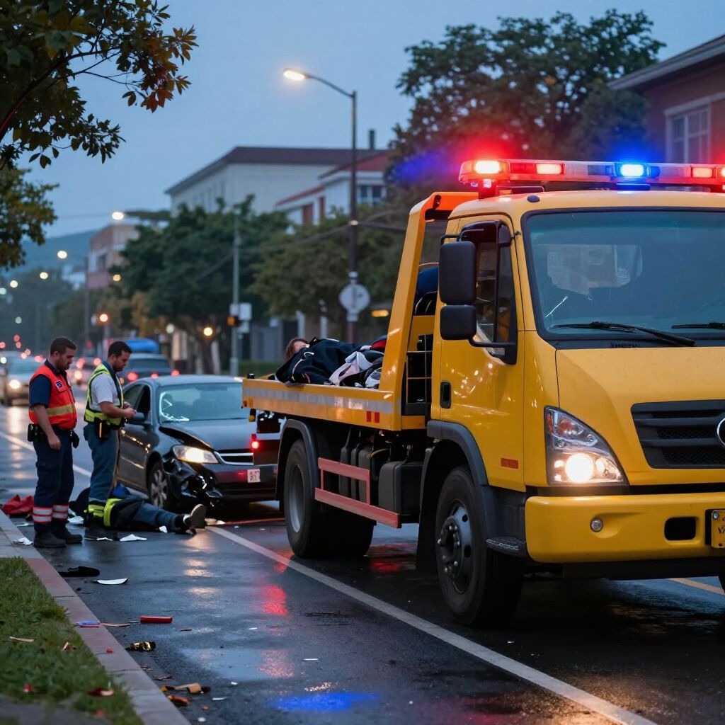Tow truck at a car accident scene with police officers, a damaged vehicle, and a person on the ground.