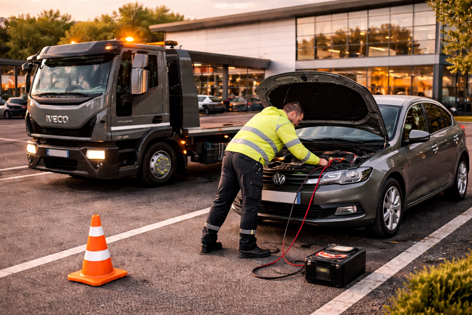 Tow truck technician jump-starts a gray car with hood open in a parking lot at dusk