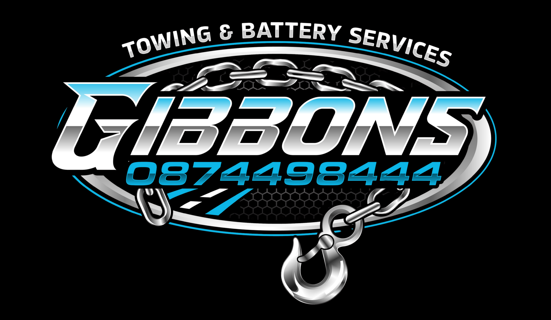 Gibons towing and battery services logo with blue text, chain, and hook on black background