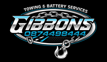 Gibons towing and battery services logo with blue text, chain, and hook on black background