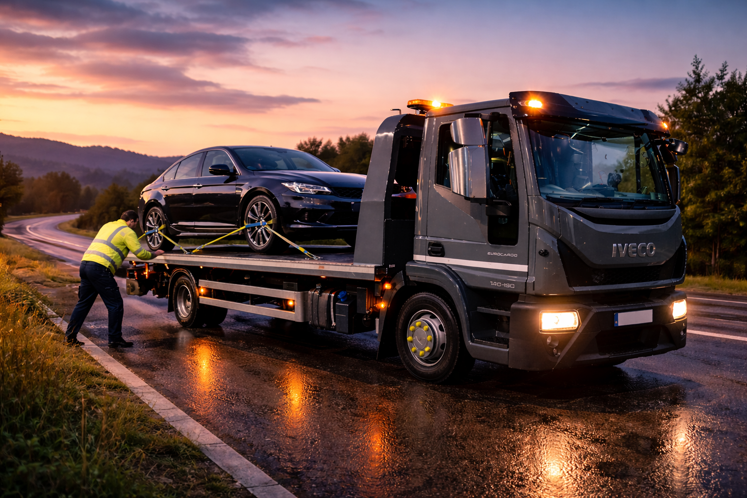 Tow truck loading a black car at dusk on a wet roadside, with a worker guiding it.