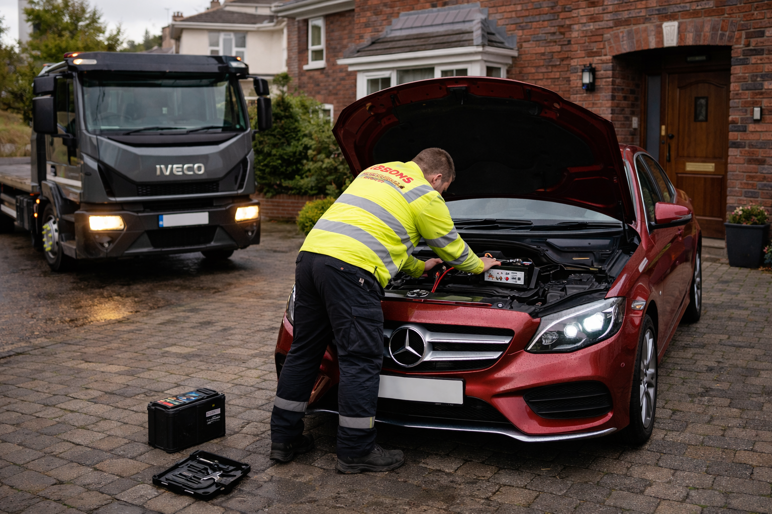 Mechanic inspecting a red Mercedes with open hood on a driveway, with a truck parked nearby.