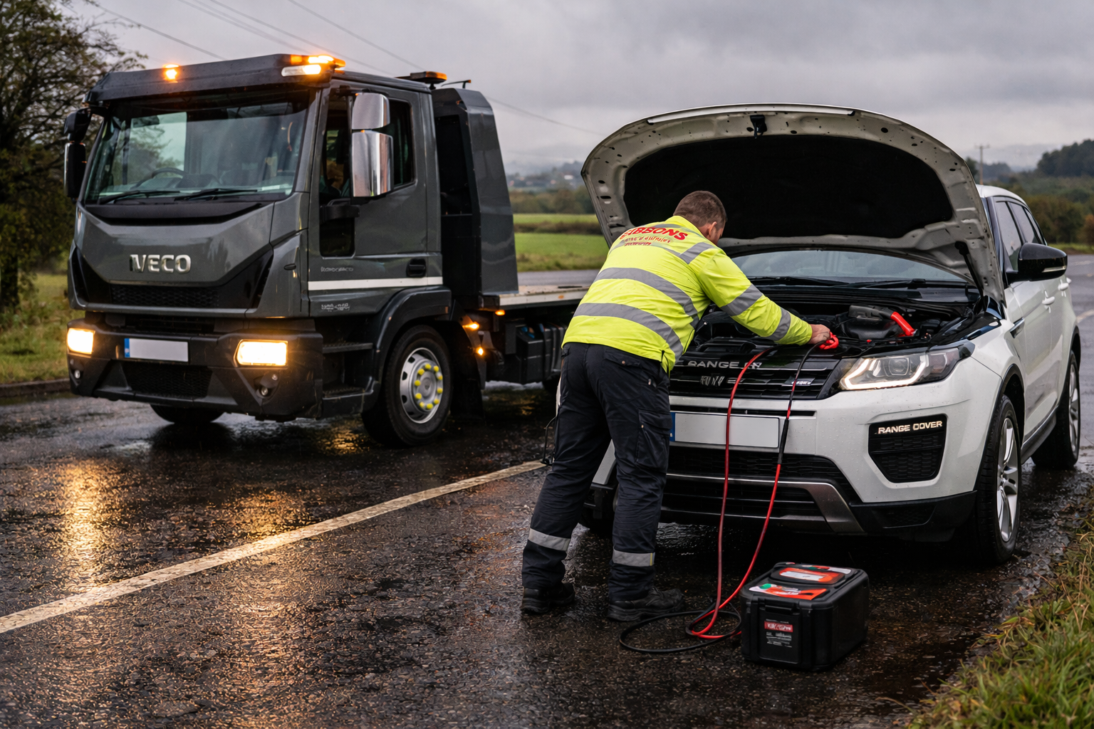 Tow truck worker jump-starts a white SUV on a wet road in the rain