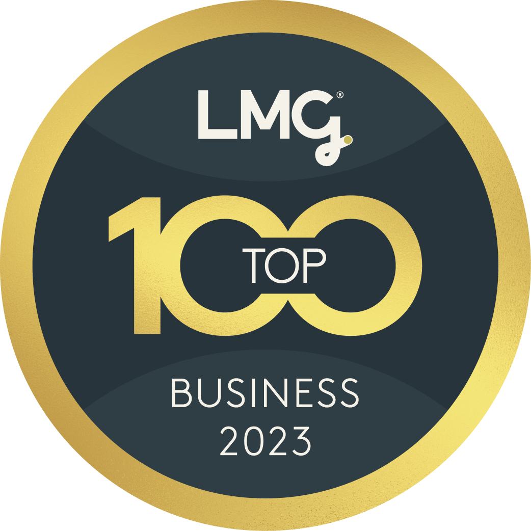 A badge that says lmg top 100 business 2023