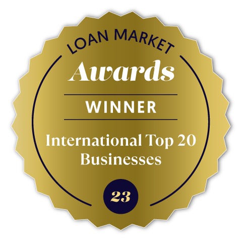A gold seal that says loan market awards winner international top 20 businesses
