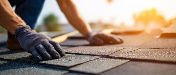 Professional roofing contractor installing new asphalt shingles on a residential house roof.