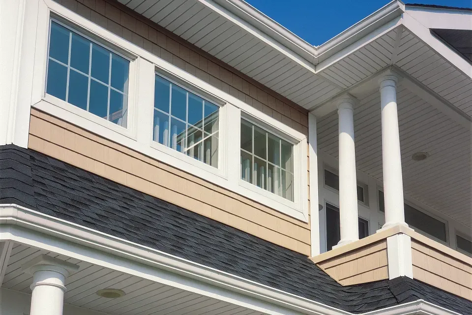 Exterior of a house with white trim, beige siding, dark shingle roof, and two-story windows under a blue sky